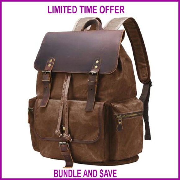 Vintage Waxed Canvas Backpack with Leather 17" Laptop Sleeve Travel Daypack - Picture 2 of 8